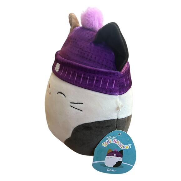 Squishmallows Kellytoy 8" Stuffed Plush Cam The Calico Cat Purple Winter Hat - Picture 2 of 6